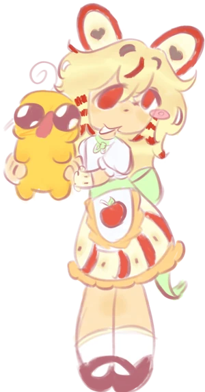 Preview: a custom OC drawing sample by Flora — a bear-eared chibi character holding a small plush toy