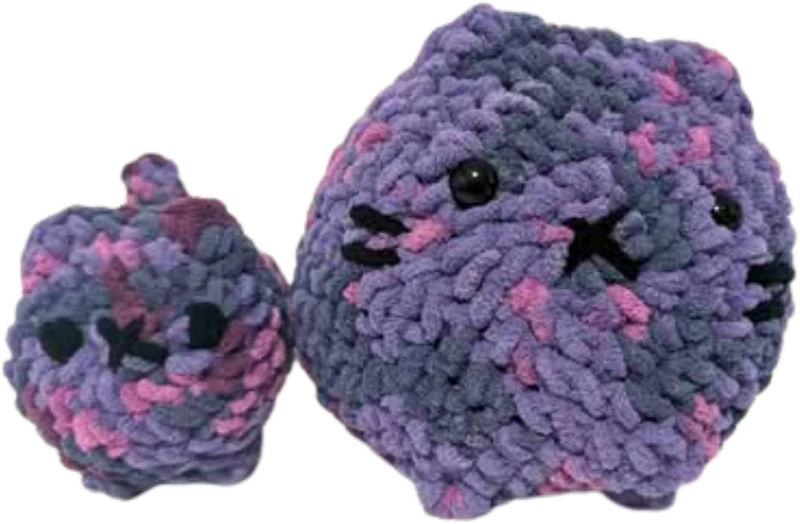 Preview: a mama and baby crochet cat plushie set, in purple and pink yarn — not yet a live product